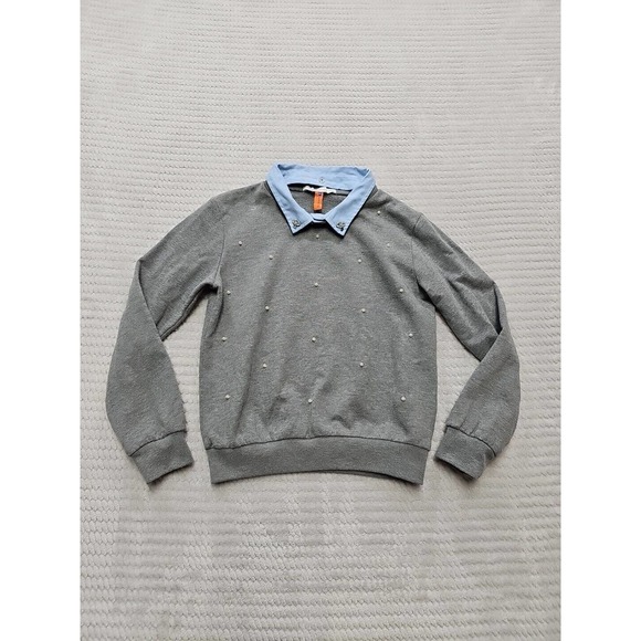 Myrl Department Shirt Girls 140 CM US 9/10 Gray Collared Sweatshirt Pearls - Picture 1 of 8